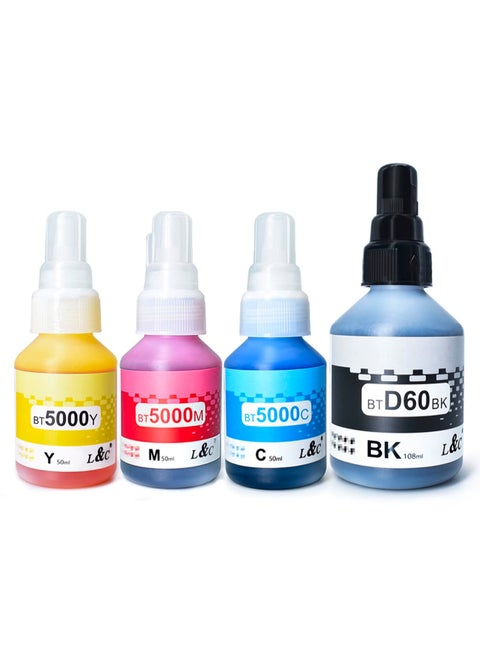 Brother Compatible ink bottle Set, 4 Pack, Black BTD60BK & BT5000 Cyan/Magenta/Yellow, for DCP-T310/T510W/T710W/MFC-T810W/T910W Printers