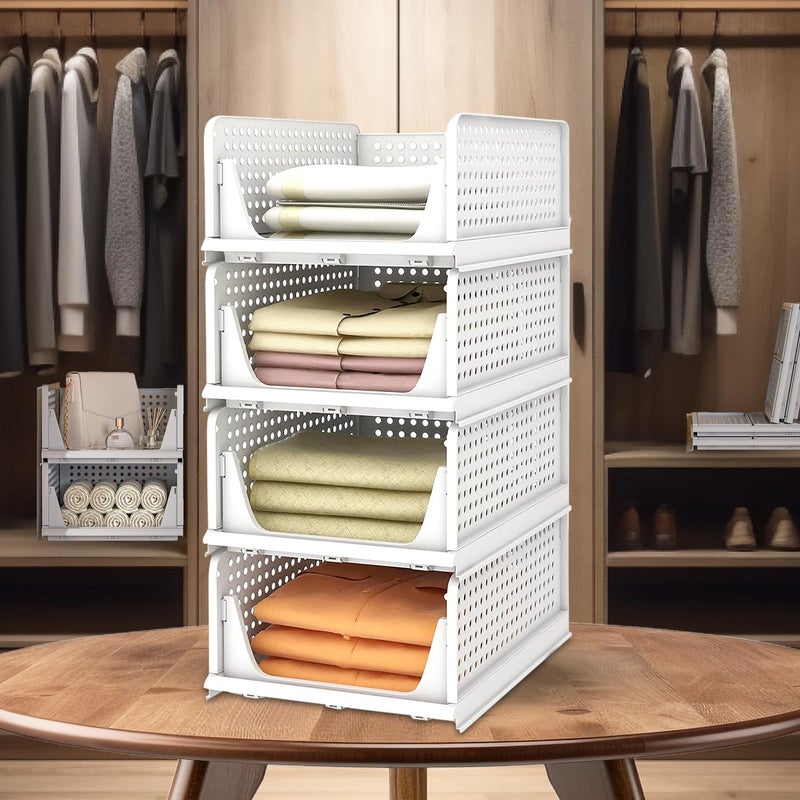 Kuber Industries Kuber Industries Storage Organizer Wardrobe Organizer For Clothes Cupboard Organizer Foldable Shirt Stacker Box Cloth Box for Almirah Closet Storage Basket Large Pack of 4 White - Image 1