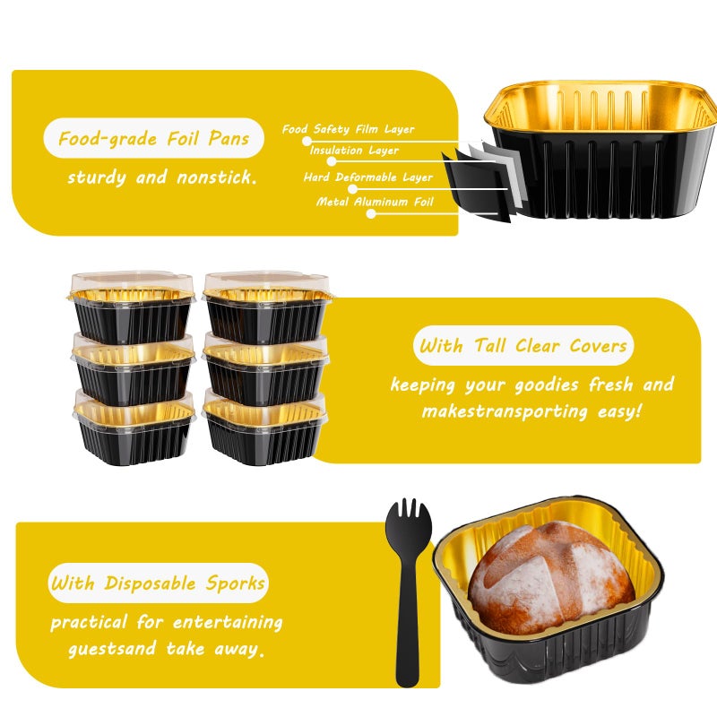 Ksmxos 25 Pack Square Mini Cake Pans with Lids,Mini Loaf Pans with Lids,Aluminum Foil Baking Cups,Disposable Ramekins Cupcake Cups,Dessert Cups for Wedding Birthday Party,5oz (Black&Gold) - Image 4
