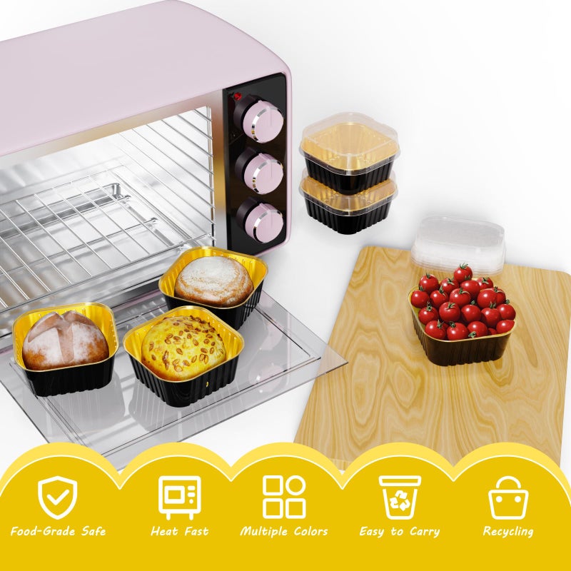 Ksmxos 25 Pack Square Mini Cake Pans with Lids,Mini Loaf Pans with Lids,Aluminum Foil Baking Cups,Disposable Ramekins Cupcake Cups,Dessert Cups for Wedding Birthday Party,5oz (Black&Gold) - Image 3