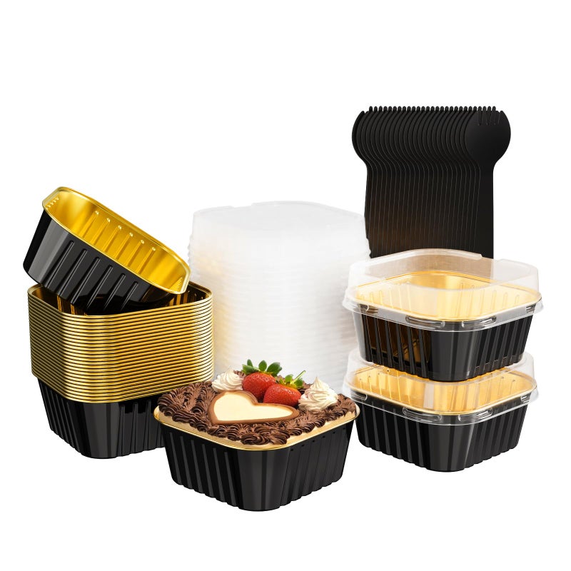 Ksmxos 25 Pack Square Mini Cake Pans with Lids,Mini Loaf Pans with Lids,Aluminum Foil Baking Cups,Disposable Ramekins Cupcake Cups,Dessert Cups for Wedding Birthday Party,5oz (Black&Gold) - Image 1