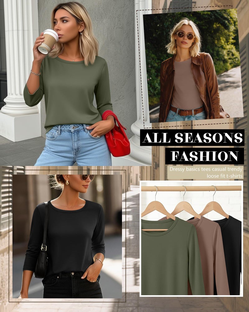 Ficerd 3 Pack 3/4 Sleeve Tops for Women Round Neck Dressy Basics Tees Casual Trendy Loose Fit T Shirts(Army Green, Coffee, Black,Large) - Image 4