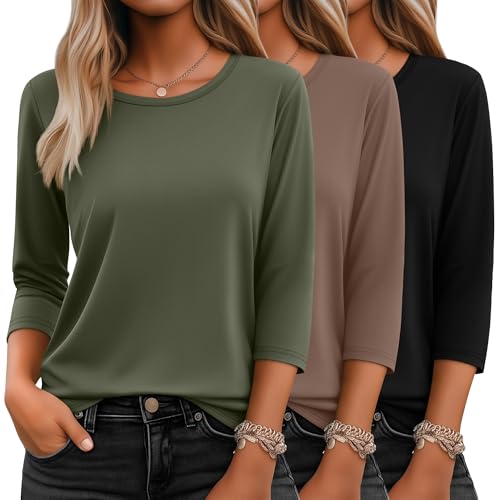 Ficerd 3 Pack 3/4 Sleeve Tops for Women Round Neck Dressy Basics Tees Casual Trendy Loose Fit T Shirts(Army Green, Coffee, Black,Large) - Image 1