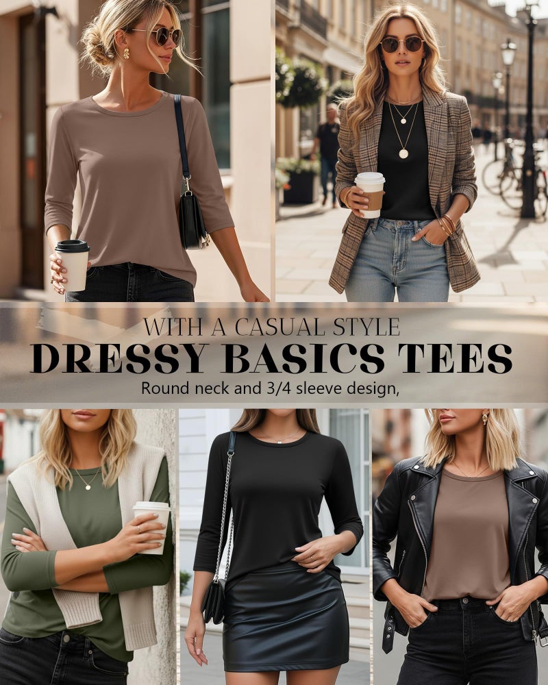 Ficerd 3 Pack 3/4 Sleeve Tops for Women Round Neck Dressy Basics Tees Casual Trendy Loose Fit T Shirts(Army Green, Coffee, Black,Large) - Image 3