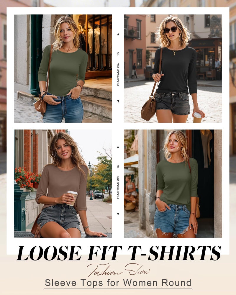 Ficerd 3 Pack 3/4 Sleeve Tops for Women Round Neck Dressy Basics Tees Casual Trendy Loose Fit T Shirts(Army Green, Coffee, Black,Large) - Image 5