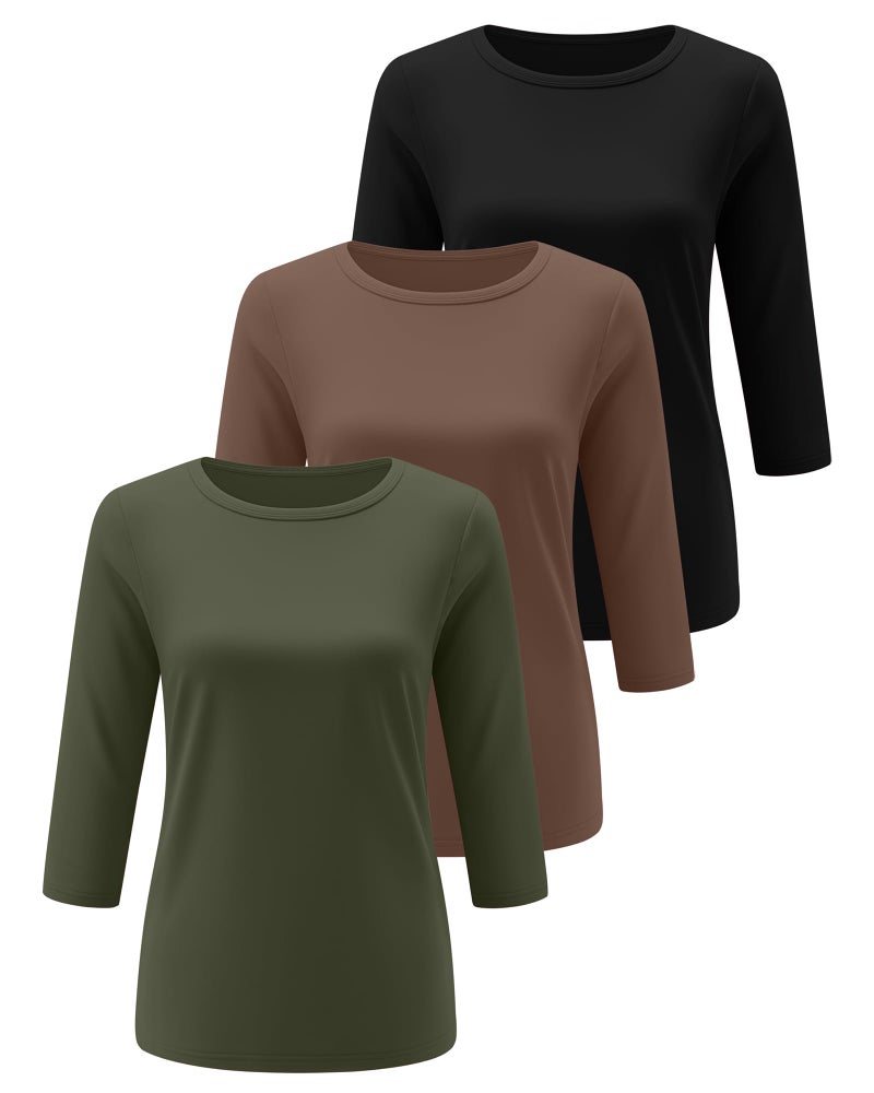 Ficerd 3 Pack 3/4 Sleeve Tops for Women Round Neck Dressy Basics Tees Casual Trendy Loose Fit T Shirts(Army Green, Coffee, Black,Large) - Image 2