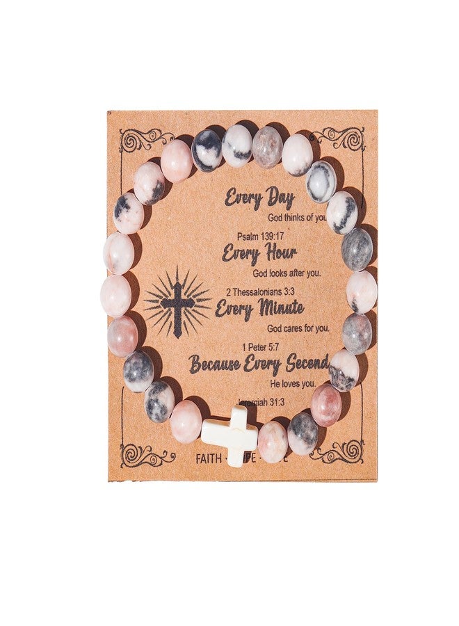 Pingyongchang Christian Gifts for Women Godmother Men Cross Beads Stretch Bracelet Catholic Religious Natural Stone Pink Zebra Bracelet Inspirational Mothers Day Birthday Easter Jewelry Gifts(Every day God thinks of you) - Image 1