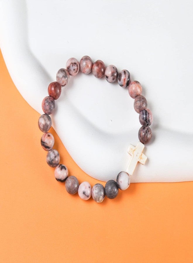 Pingyongchang Christian Gifts for Women Godmother Men Cross Beads Stretch Bracelet Catholic Religious Natural Stone Pink Zebra Bracelet Inspirational Mothers Day Birthday Easter Jewelry Gifts(Every day God thinks of you) - Image 2