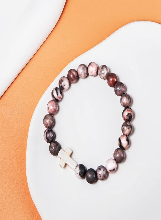 Pingyongchang Christian Gifts for Women Godmother Men Cross Beads Stretch Bracelet Catholic Religious Natural Stone Pink Zebra Bracelet Inspirational Mothers Day Birthday Easter Jewelry Gifts(Every day God thinks of you) - Image 3