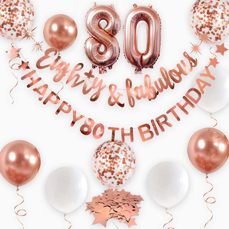 Rose Gold Eighty  Fabulous Happy 80th Birthday Banner Garland Foil Balloon 80 for Womens 80th Birthday Decorations Hanging 80 and Fabulous Cheers to 80 Years Old Birthday Party Supplies Backdrop