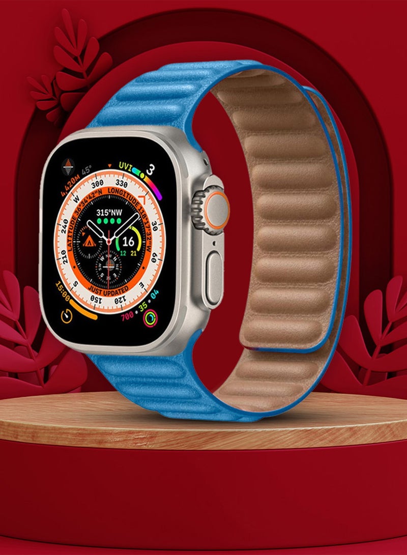 CATANES Replacement Band for Apple Watch Band 49mm 46mm 45mm 44mm -Leather Link Strap Magnetic Loop Adjustable Bracelet - Light Blue - Image 2