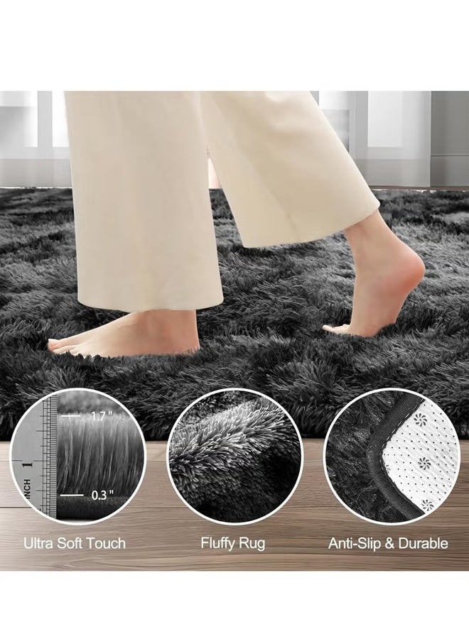 Super Soft Fluffy Area Rug Anti-Slip Plush Rug High Pile Tie Dye Rug for Living Room Bedroom Kids Room-Tie Dye Dark Grey - Image 4
