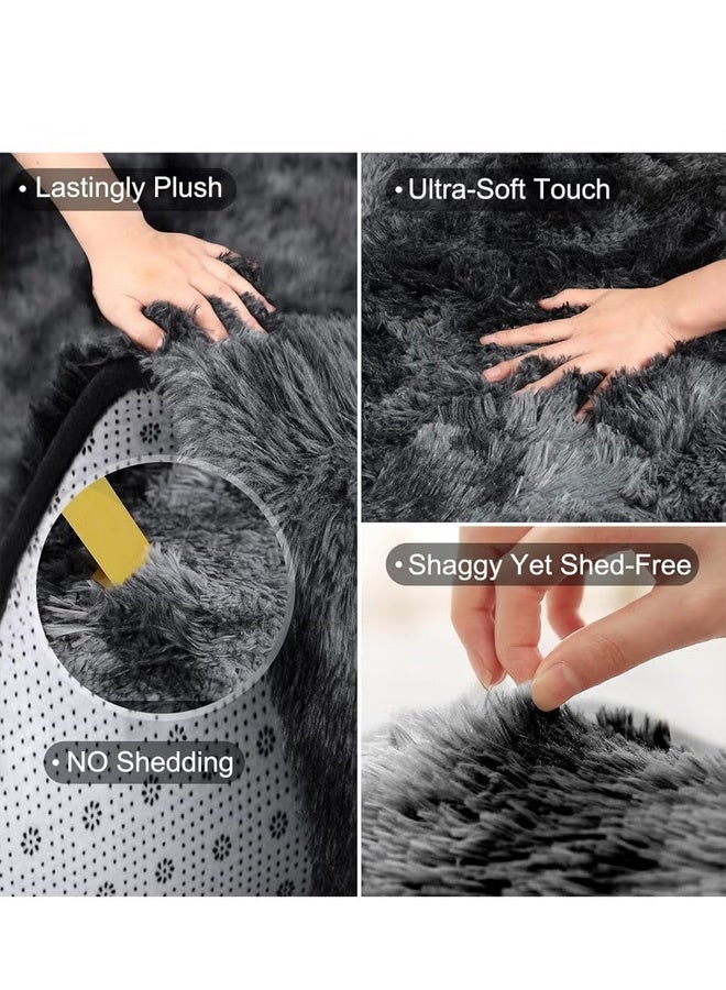 Super Soft Fluffy Area Rug Anti-Slip Plush Rug High Pile Tie Dye Rug for Living Room Bedroom Kids Room-Tie Dye Dark Grey - Image 5