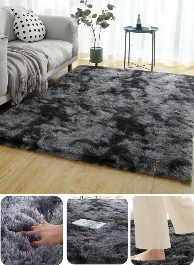 Super Soft Fluffy Area Rug Anti-Slip Plush Rug High Pile Tie Dye Rug for Living Room Bedroom Kids Room-Tie Dye Dark Grey - Image 1