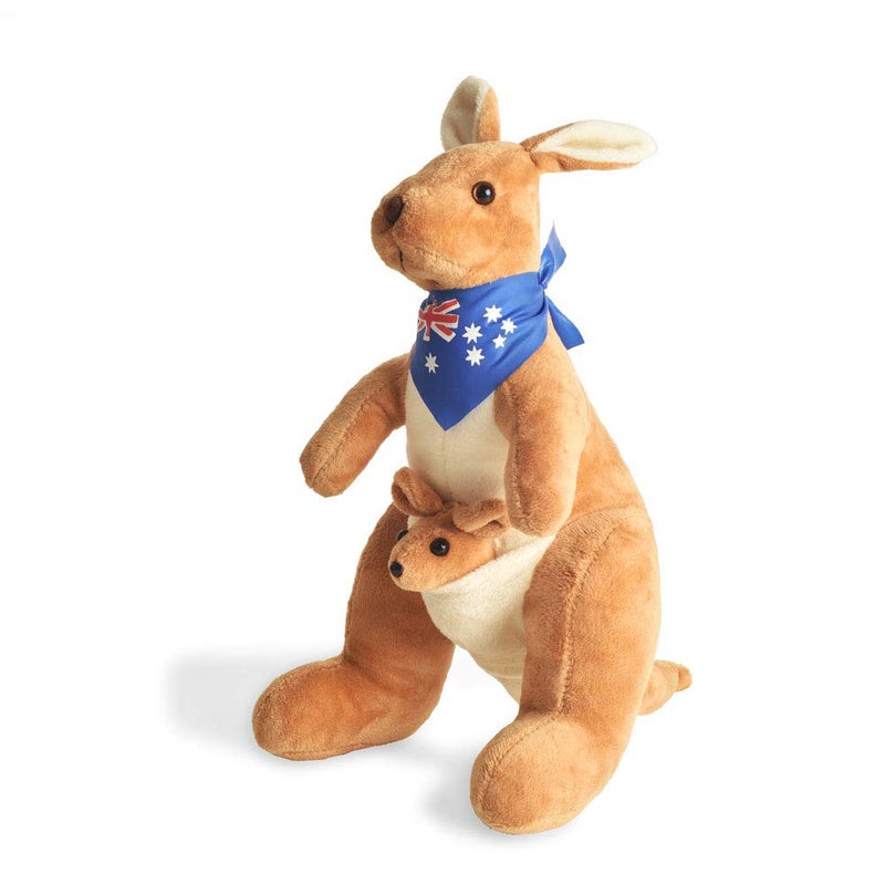 BOHS Kangaroo Stuffed Animal Toy with Joey in Pouch and Australia Scarf - Soft and Cuddly Plush Toy for Kids - 11.8 Inches - Image 1