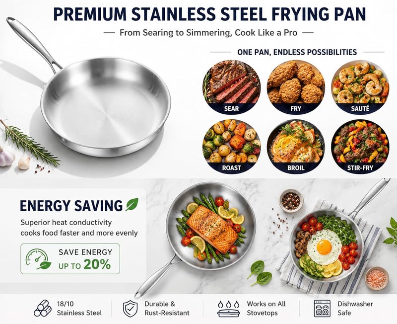 DELARLO Triply Stainless Steel Pan 8 Inch Frying pan, Induction Skillet Compatible Up to 600℉, Fast and Even Heat, Oven Broiler Safe, Small Skillet, Omelette, Small Pan for Eggs, Steak, Bacon - Image 3