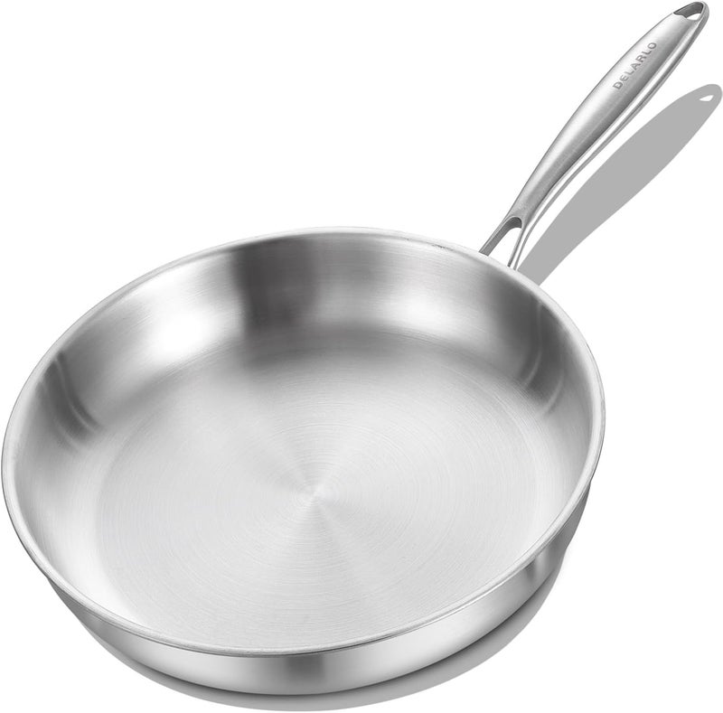 DELARLO Triply Stainless Steel Pan 8 Inch Frying pan, Induction Skillet Compatible Up to 600℉, Fast and Even Heat, Oven Broiler Safe, Small Skillet, Omelette, Small Pan for Eggs, Steak, Bacon - Image 1
