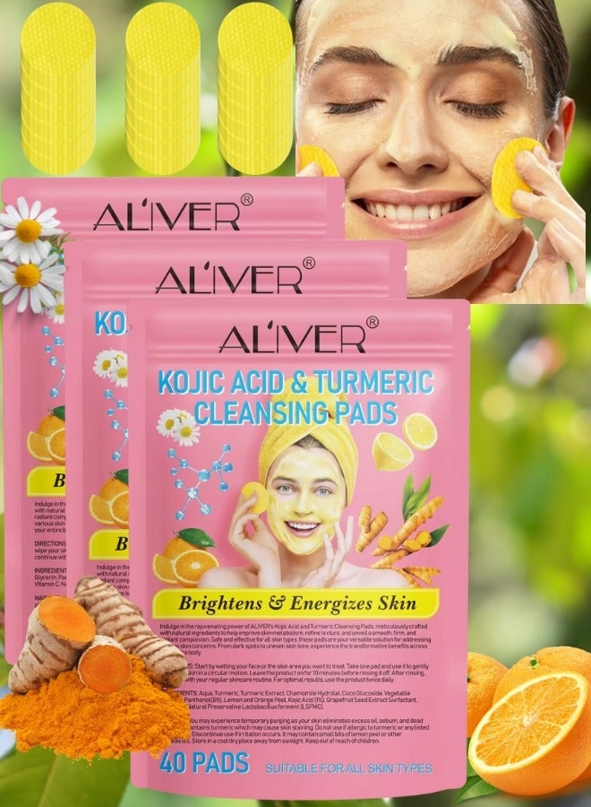 ALIVER 120 Pcs(Three Packs) Kojic Acid & Turmeric Cleansing Pads for Dark Spots Turmeric Kojic Acid Cleansing Pads Helps Balance Skin Oil & Water Fade Spot Remove Excess Keratin Clean Oil Refines Pores - Image 1