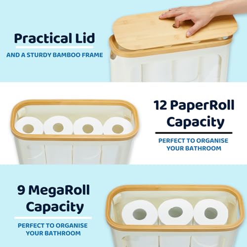 ROSOS Toilet Paper Storage with Lid, Large Toilet Paper Holder for up to 12 Rolls, Free Standing Bathroom Storage Organizer with Lid, Beige - Image 2