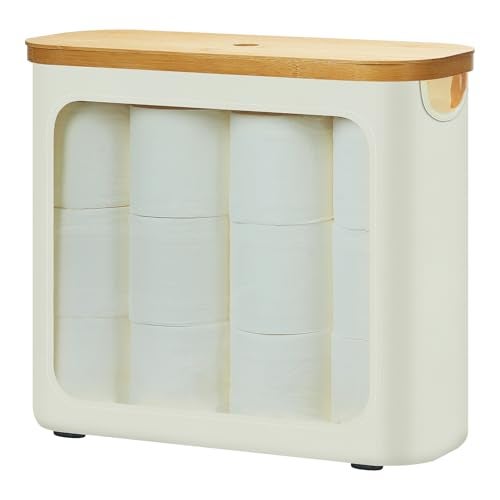 ROSOS Toilet Paper Storage with Lid, Large Toilet Paper Holder for up to 12 Rolls, Free Standing Bathroom Storage Organizer with Lid, Beige - Image 1