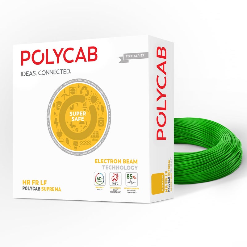 Polycab Suprema 1.5 sqmm Electron beam technology housewire|1.505C heat withstand capacity| No melt-No drip PVC insulation| 60 years product life|85% higher current carrying capacity|90M coil【Green】 - Image 1