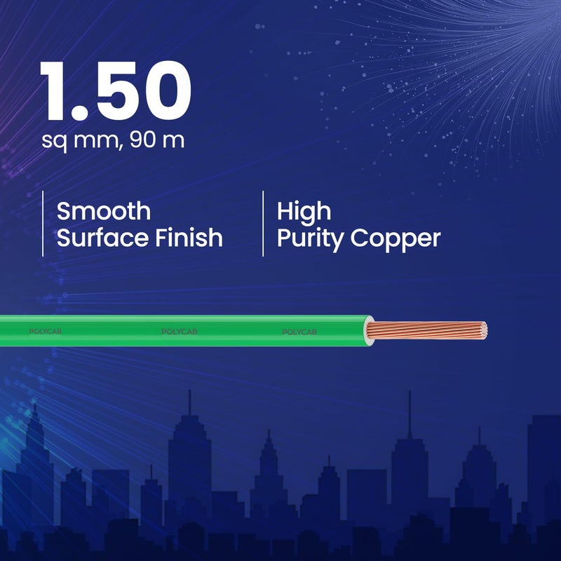 Polycab Suprema 1.5 sqmm Electron beam technology housewire|1.505C heat withstand capacity| No melt-No drip PVC insulation| 60 years product life|85% higher current carrying capacity|90M coil【Green】 - Image 2