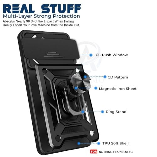 AIBEX® Back Cover for Nothing Phone 3(a) 5G | D10 Tough Armor Case | Sliding Camera Shield | 360° Protection | Kickstand Ring Holder | Military-Grade Shockproof Bumper Case - Image 4