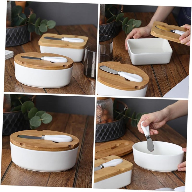 Ceramic Butter Dish and Cheese Plate Set with Lid Oval Nordic Style Butter Storage Box with Cutter Household Tableware and Cheese Preservation - Image 4