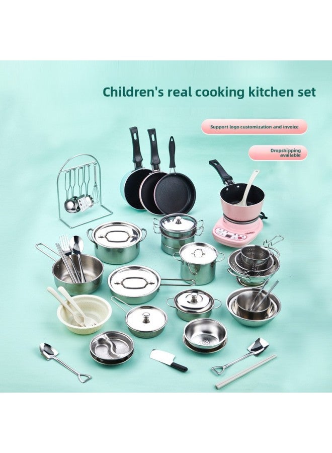 Children's Mini Small Kitchen Real Cooking Full Set Internet Celebrity Play House Cooking Simulation Tableware Stainless Steel Real Cooking Toys-Color:Non-stick Milk Pot-blue (space Aluminum) - Image 2