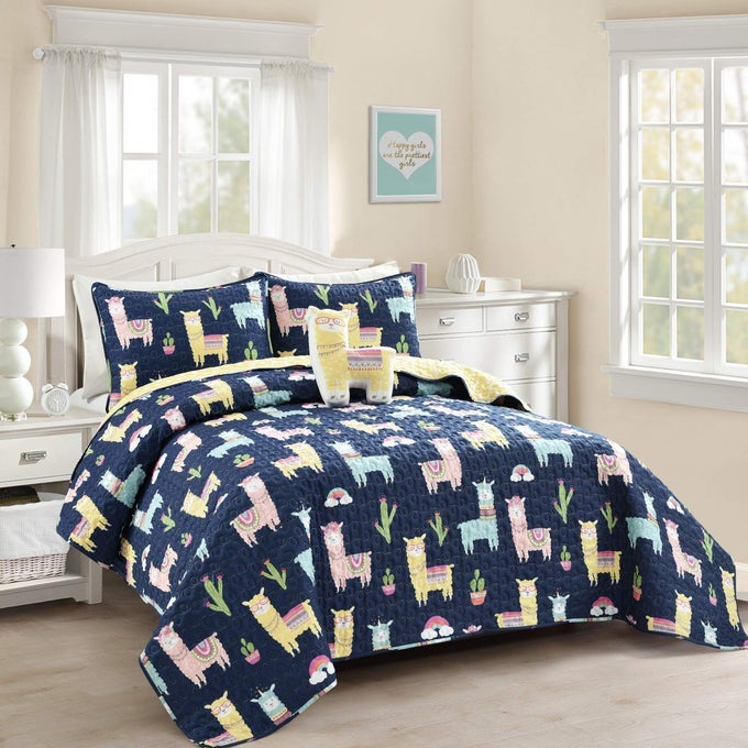 SOUTHWEST LLAMA CACTUS QUILT 4 PIECE SET FULL QUEEN NAVY YELLOW CUTE KIDS REVERSIBLE BOHO TODDLER BEDDING SET