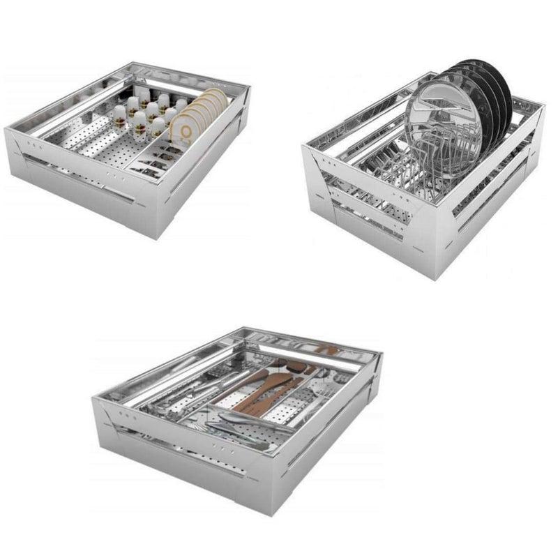 BLOO BASKET BLOO BASKET 202 Stainless Steel Modular Kitchen Basket Rectangular Perforated 4 Cup Saucer 4 Cutlery 8 Thali Set of 3Size18 Inch Width 20 Inch Depth Silver  - Image 1