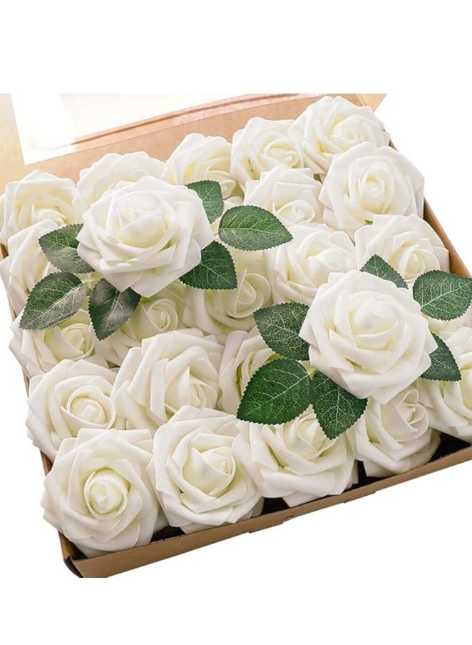 DUNISO Artificial Flowers Real Looking Ivory Foam Fake Roses with Stems for DIY Wedding Bouquets White Bridal Shower Centerpieces Arrangements Party Tables Decoration, 25pcs - Image 1
