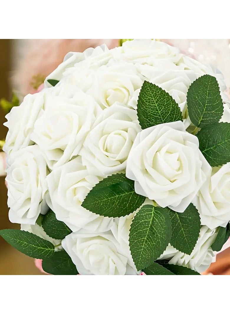 DUNISO Artificial Flowers Real Looking Ivory Foam Fake Roses with Stems for DIY Wedding Bouquets White Bridal Shower Centerpieces Arrangements Party Tables Decoration, 25pcs - Image 4