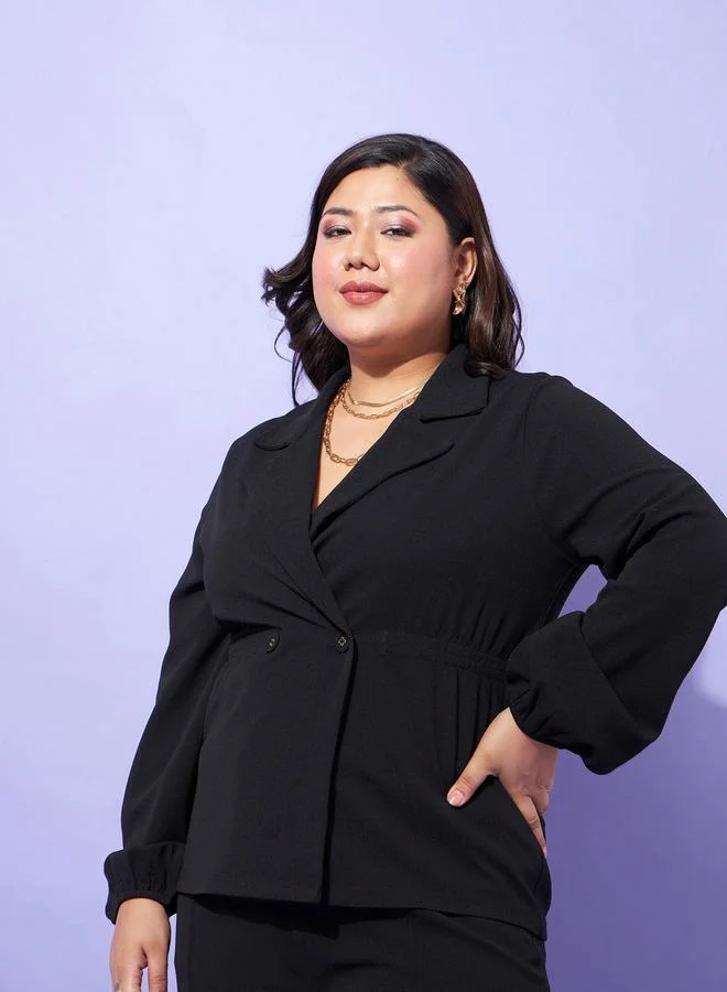 SASSAFRAS Plus Notch Lapel Blazer Top & Wide Leg Pant Co-Ords by Styli