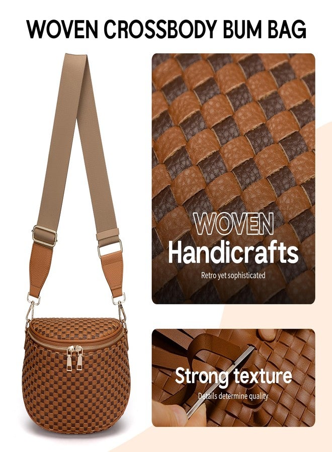 FODOKO Woven Crossbody Bag for Women Vegen Leather Checkered Purse belt Handbags Shoulder Bum Bags, Woven Brownc2, Large, Woven Crossbody Bag - Image 3