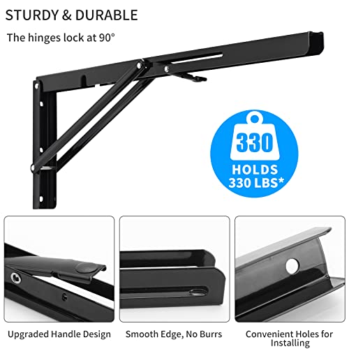 YUMORE Folding Shelf Brackets, 22 Inch Heavy Duty L Bracket, Black DIY Collapsible Shelf Bracket for Workbench Folding Table Hinge, Max Load: 330lb, Pack of 2 - Image 4