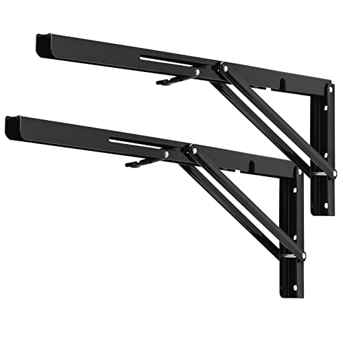 YUMORE Folding Shelf Brackets, 22 Inch Heavy Duty L Bracket, Black DIY Collapsible Shelf Bracket for Workbench Folding Table Hinge, Max Load: 330lb, Pack of 2 - Image 1