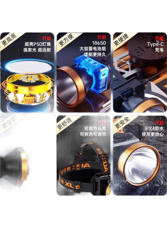 Oaks Headlamp, High Brightness, Rechargeable, Head-Mounted, Long-Lasting Battery Life, Outdoor, Night Fishing, Waterproof, Work, Mining, Flashlight - Image 3