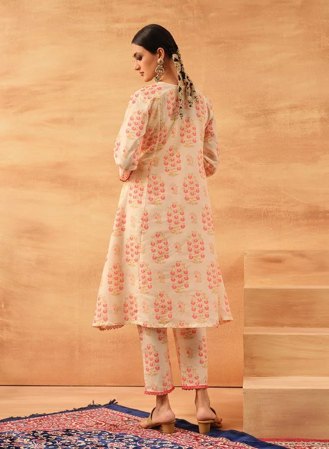 ISHIN Women's White Cotton Cambric Printed Tunic Top With Ankle Palazzo Flared 2 Peice Kurta Set