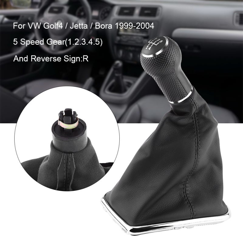 5 Speed Gear Shift Knob Gaiter Boot Full Kit Black Chrome Plated Edge Plastic Gearstick Knob - Synthetic Leather Gaiter Cover for Direct Replacement - Image 1