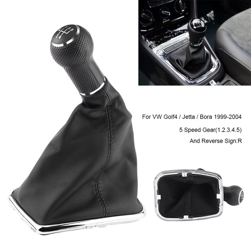 5 Speed Gear Shift Knob Gaiter Boot Full Kit Black Chrome Plated Edge Plastic Gearstick Knob - Synthetic Leather Gaiter Cover for Direct Replacement - Image 2