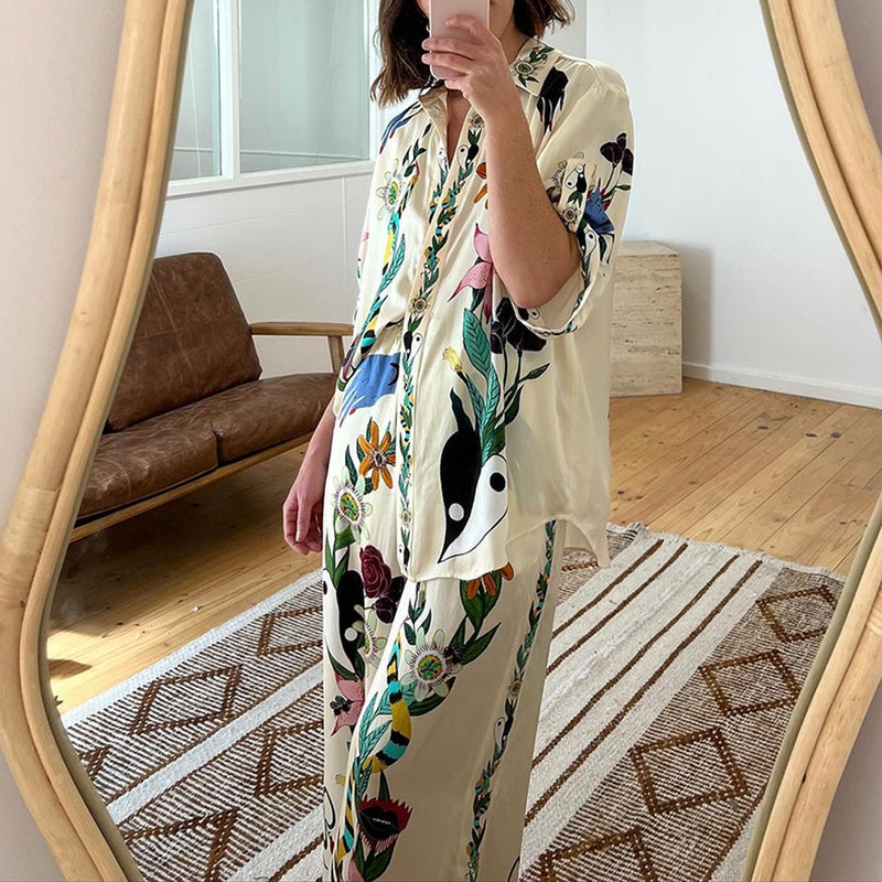 Cross-border 2022 autumn European and American Foreign Trade womens clothing AliExpress shirt trousers loose printed suit casual two-piece suit Suit