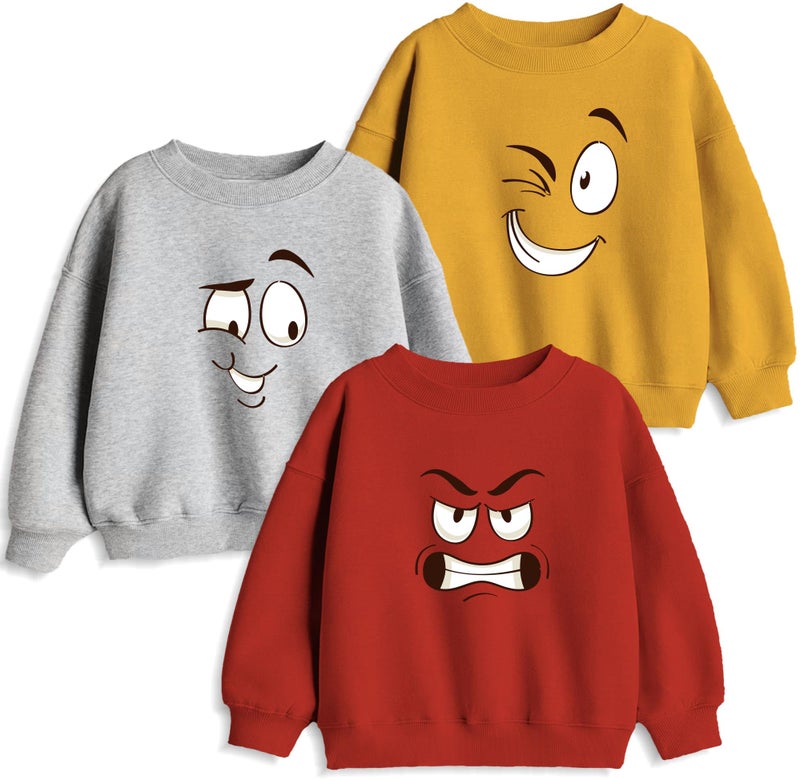 minicult Unisex-Child Cotton Blend Regular Crew Neck Full Sleeves Sweatshirt With Fun Prints(Emotions)(Pack Of 3)(13-14 Years), Multicolor - Image 1