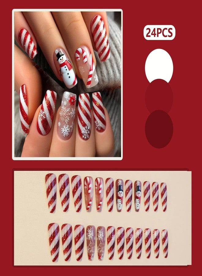 ASABITE 24Pcs Long Coffin Press on Nails Christmas Fake Nails with Red White Stripes Snowman Candy Design Snowflake False Nails Winter Christmas Nails Press ons Full Cover Xmas Glue on Nail for Women - Image 2