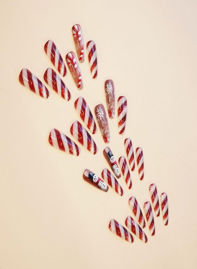 ASABITE 24Pcs Long Coffin Press on Nails Christmas Fake Nails with Red White Stripes Snowman Candy Design Snowflake False Nails Winter Christmas Nails Press ons Full Cover Xmas Glue on Nail for Women - Image 4