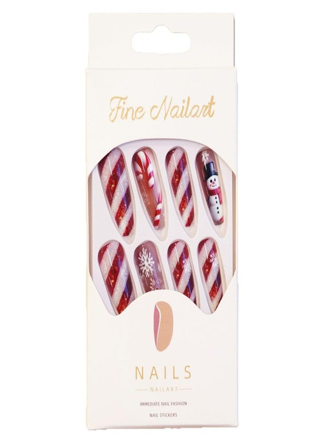ASABITE 24Pcs Long Coffin Press on Nails Christmas Fake Nails with Red White Stripes Snowman Candy Design Snowflake False Nails Winter Christmas Nails Press ons Full Cover Xmas Glue on Nail for Women - Image 5