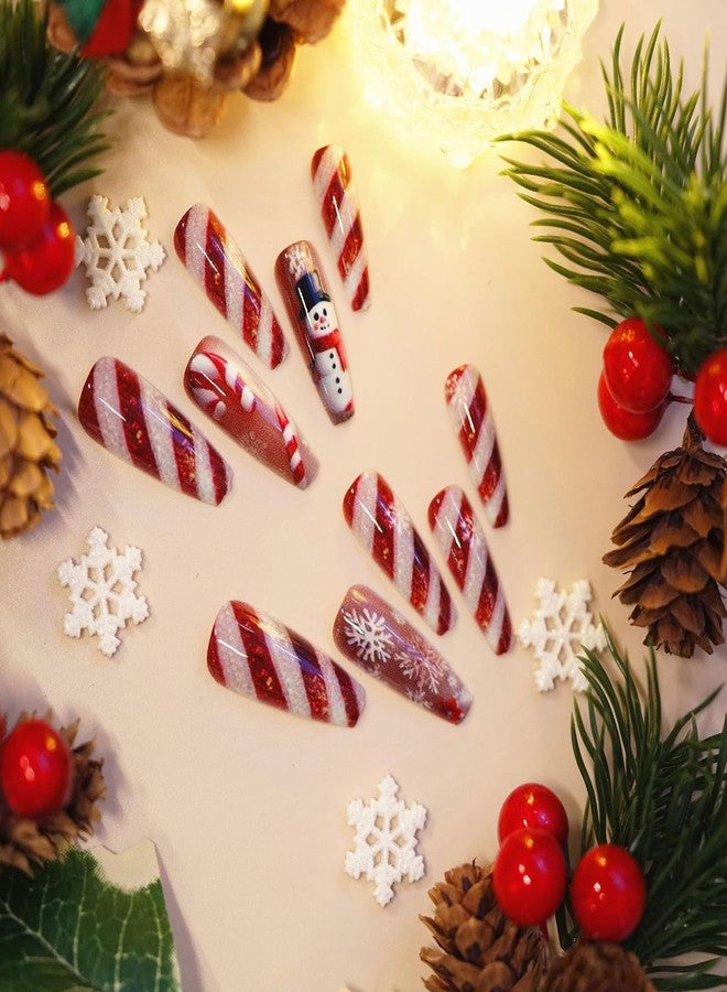 ASABITE 24Pcs Long Coffin Press on Nails Christmas Fake Nails with Red White Stripes Snowman Candy Design Snowflake False Nails Winter Christmas Nails Press ons Full Cover Xmas Glue on Nail for Women - Image 3