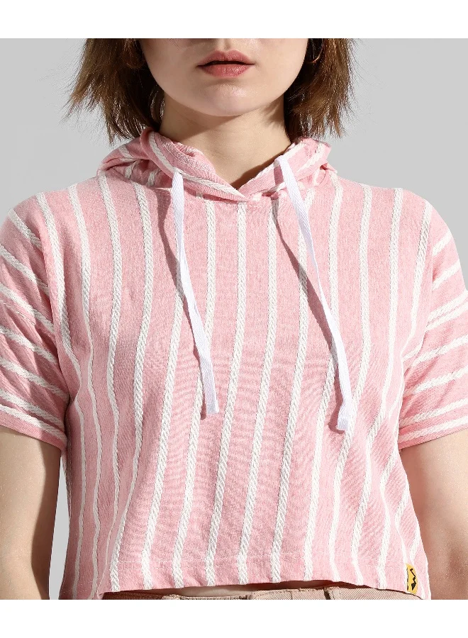 Campus Sutra Women's Pink Striped Regular Fit Top