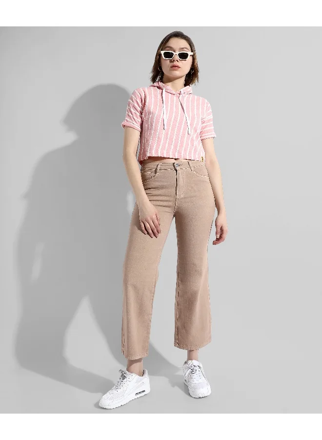 Campus Sutra Women's Pink Striped Regular Fit Top