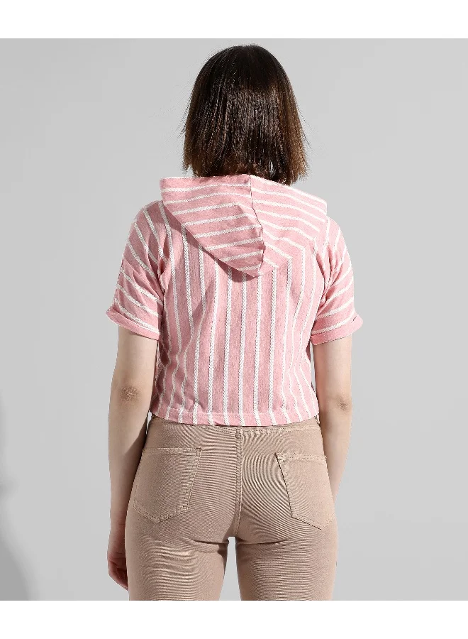Campus Sutra Women's Pink Striped Regular Fit Top